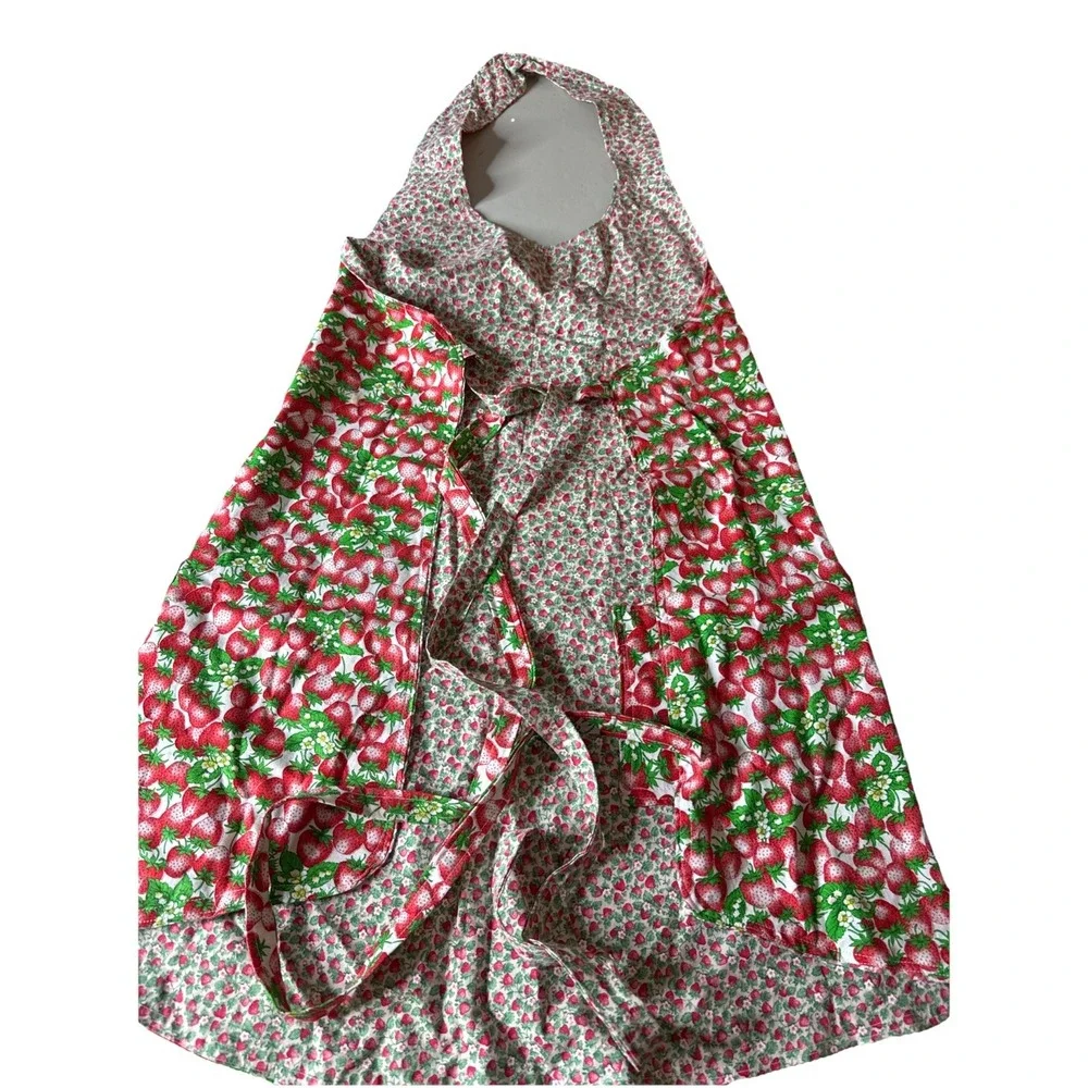 VTG Handmade Strawberry Print‎ Apron Set Halter Neck Reversible Pockets